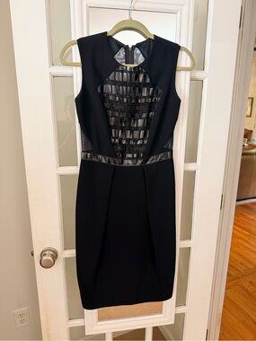 Carmen Marc Valvo Black Sleeveless Mesh-Panel Sheath Dress